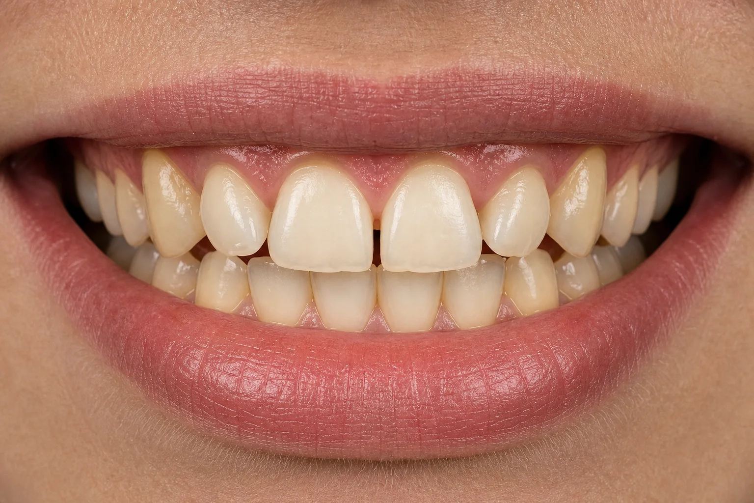 Sorriso antes do tratamento: dentes amarelados com pequeno espaço entre os dentes